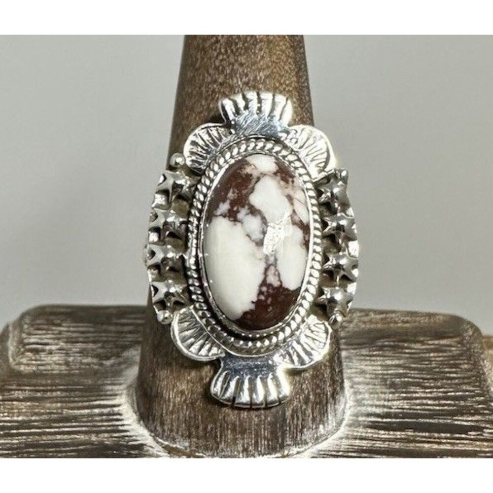 Native Southwest Style Sterling Silver Wild Horse Jasper Moon & Stars Ring 10